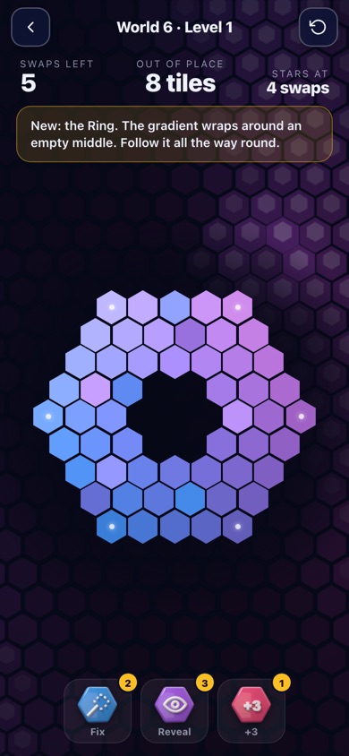 A Swap level: a ring-shaped honeycomb gradient with a few tiles out of place
