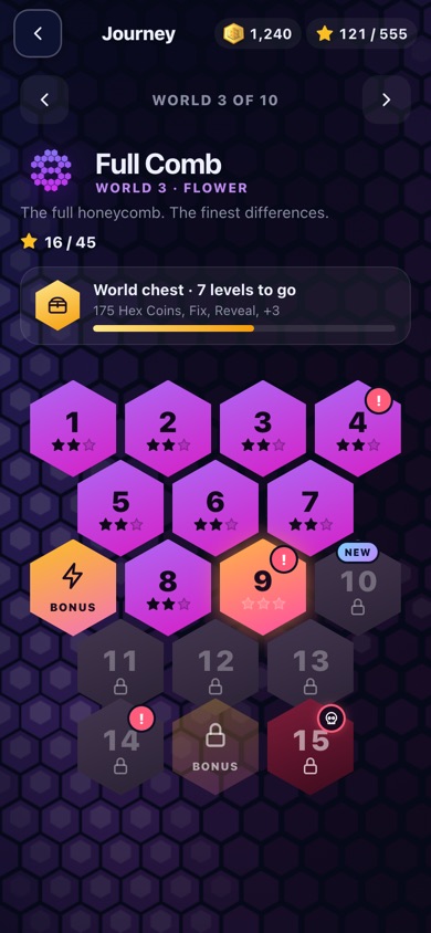 The Journey map: numbered hex levels in a honeycomb